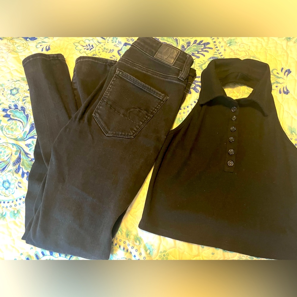 Jeans rappers black American Eagle and top black S Shein